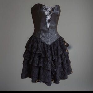 Vintage FIRENZE Black Leather Lace Mini Dress Women's Size Small